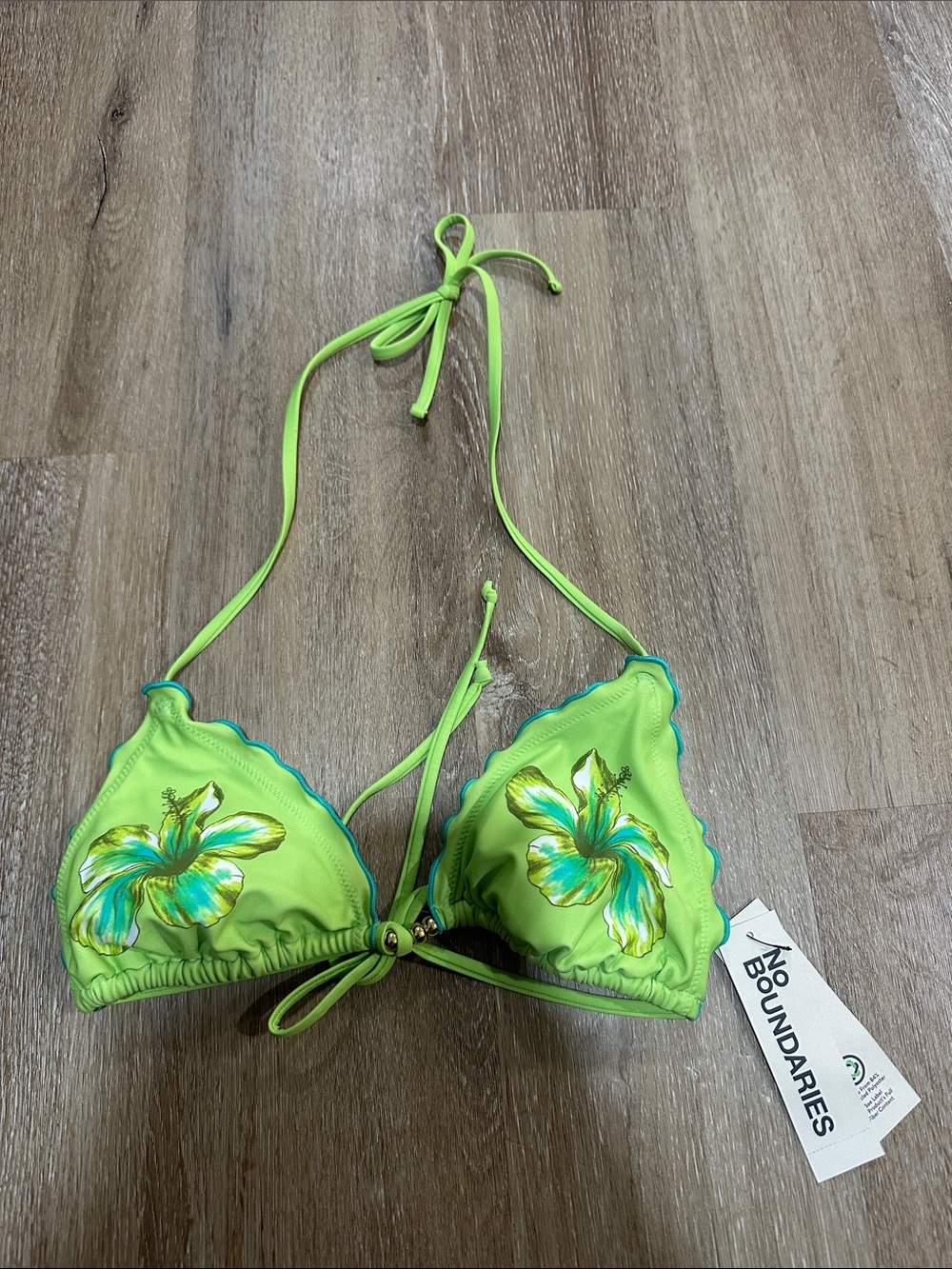 No Boundaries Neon Lime Floral Triangle Swim Top - Picture 1 of 2